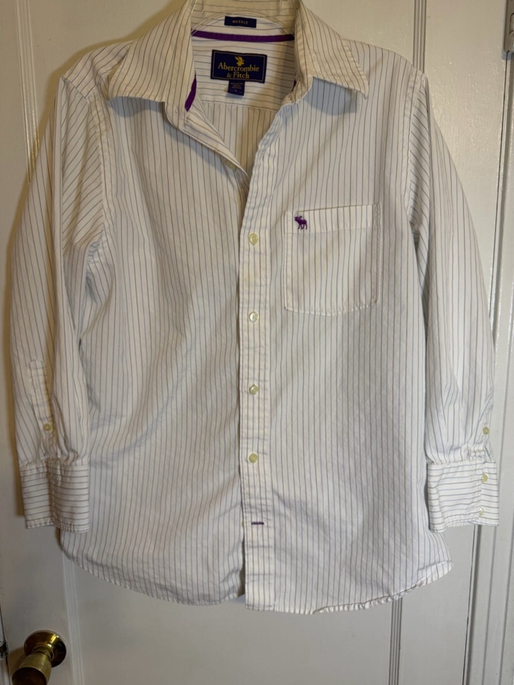 Abercrombie & Fitch White Shirt with Navy Pinstripes and Purple Logo